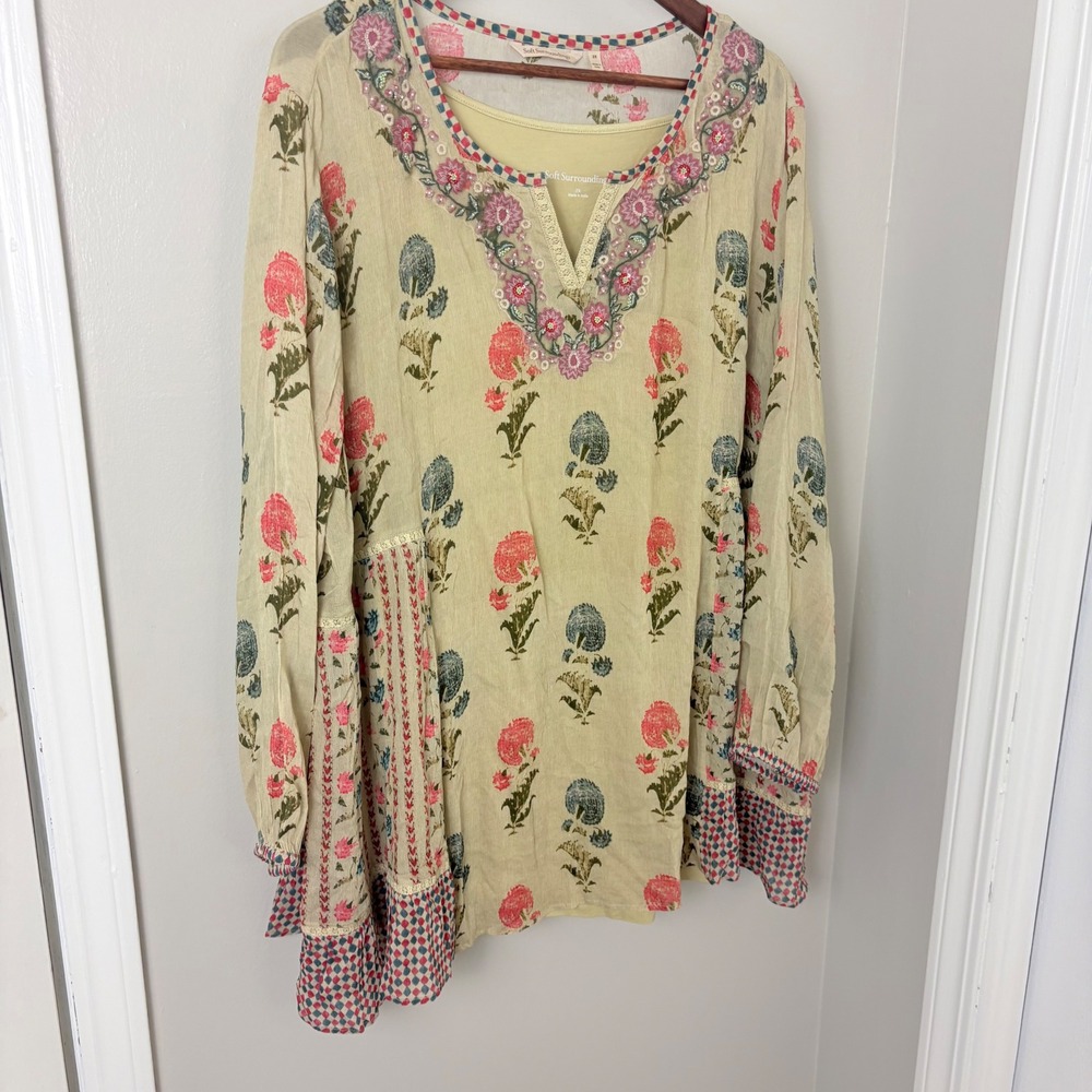 Soft Surroundings Tunic Top Womens 2X Yellow Floral Embroidered Boho Chiffon - Picture 7 of 13